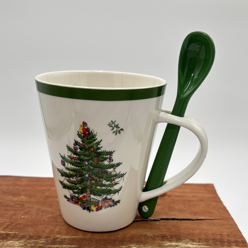 Spode Christmas Tree Collection porcelain mug and spoon set.